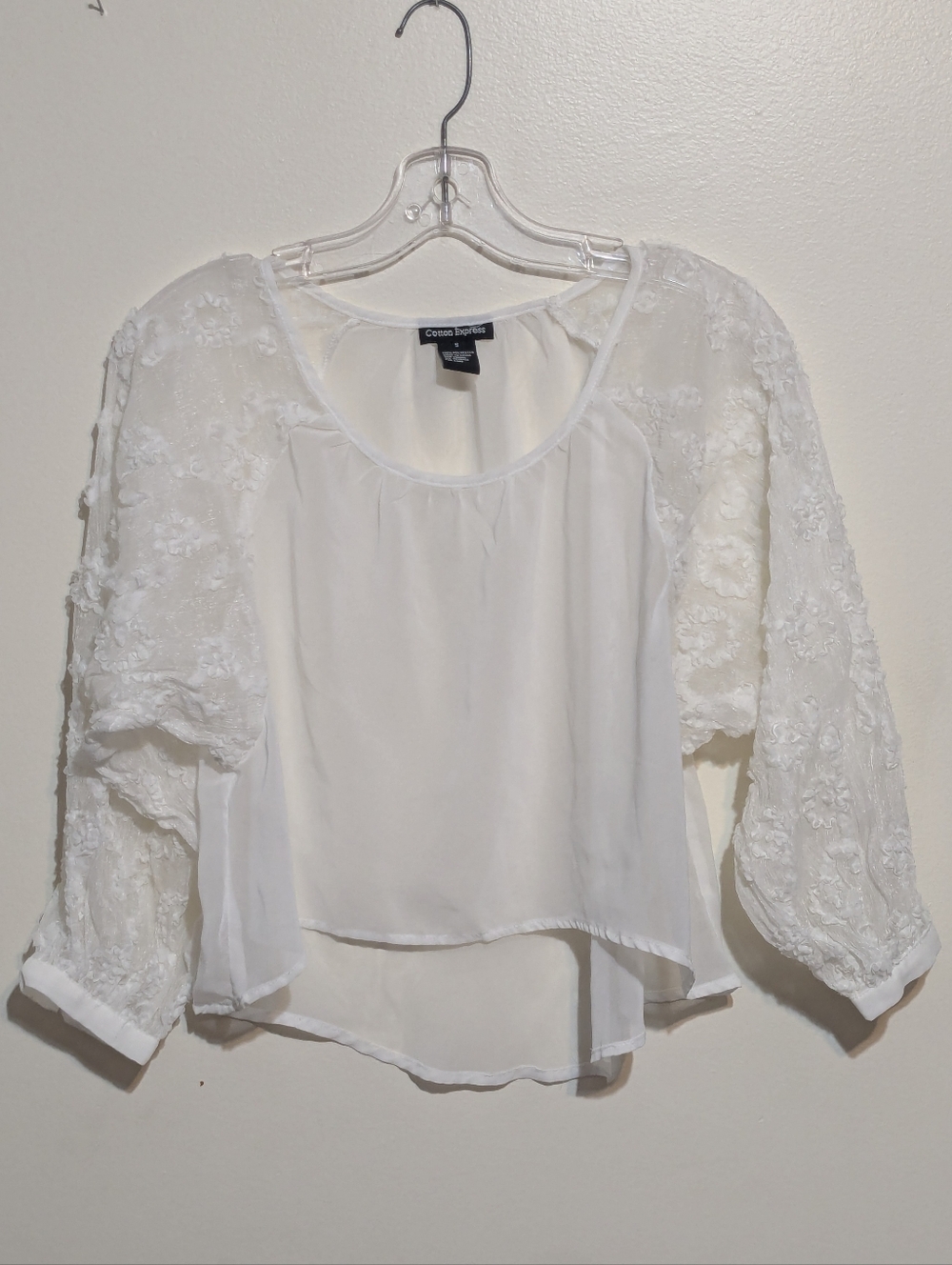 Cotton Express Sheer Crop Flower Sleeve Blouse - S